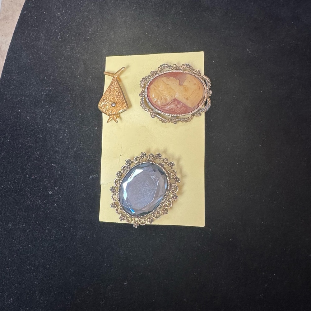 Vintage Brooch Set with Cameo and Gemstone